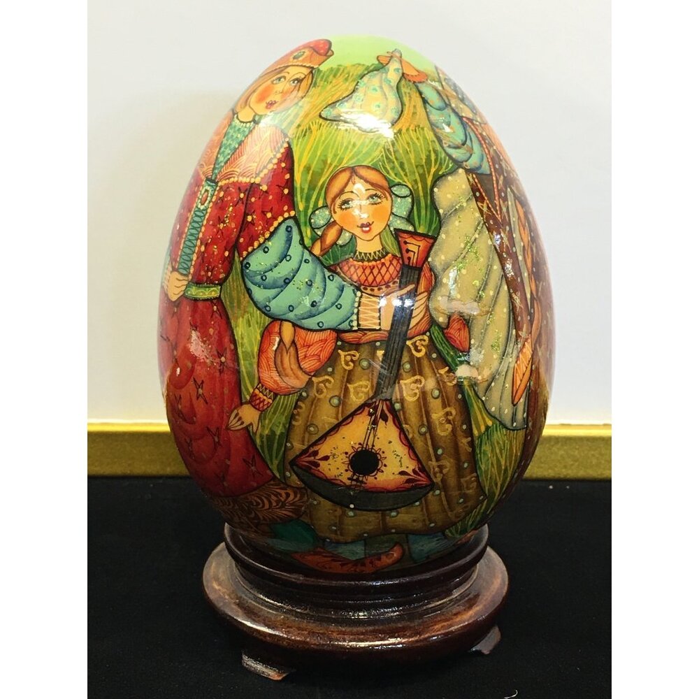 Vintage Russian Painted Lacquered Wooden Egg Folk Art with Stand 6'' Tall